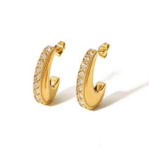 1 Pair Simple  Classic Style Moon Shape Stainless Steel  Gold Color Inlay Rhinestone Women's Hoop Earrings h5 Picture2